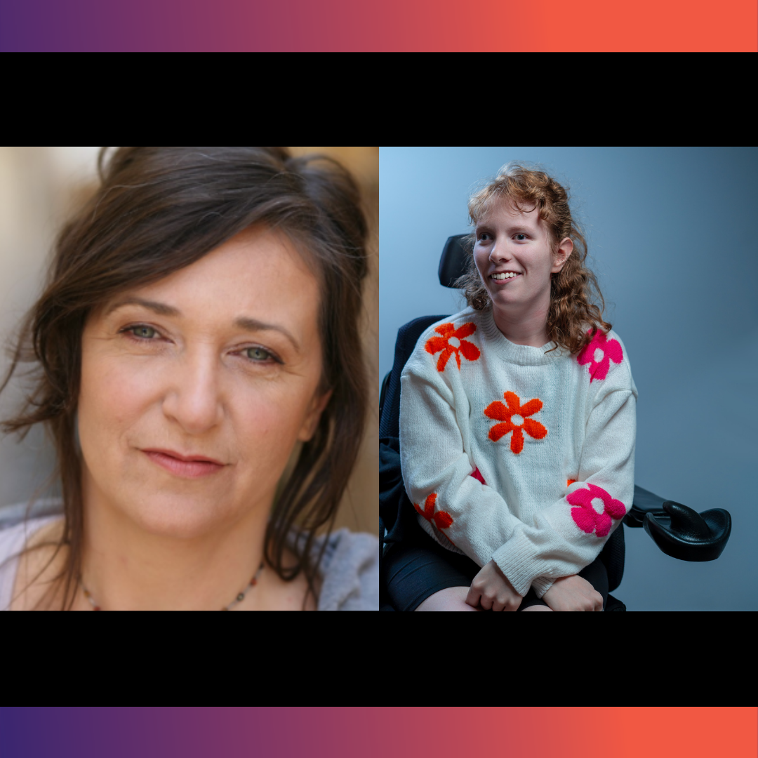 Shaylee – woman with shoulder length curly hair, wearing a white sweater with colourful flowers, sitting in a wheelchair with her arms crossed over her lap. Traci – woman with dark hair pulled up, with bangs to the side.