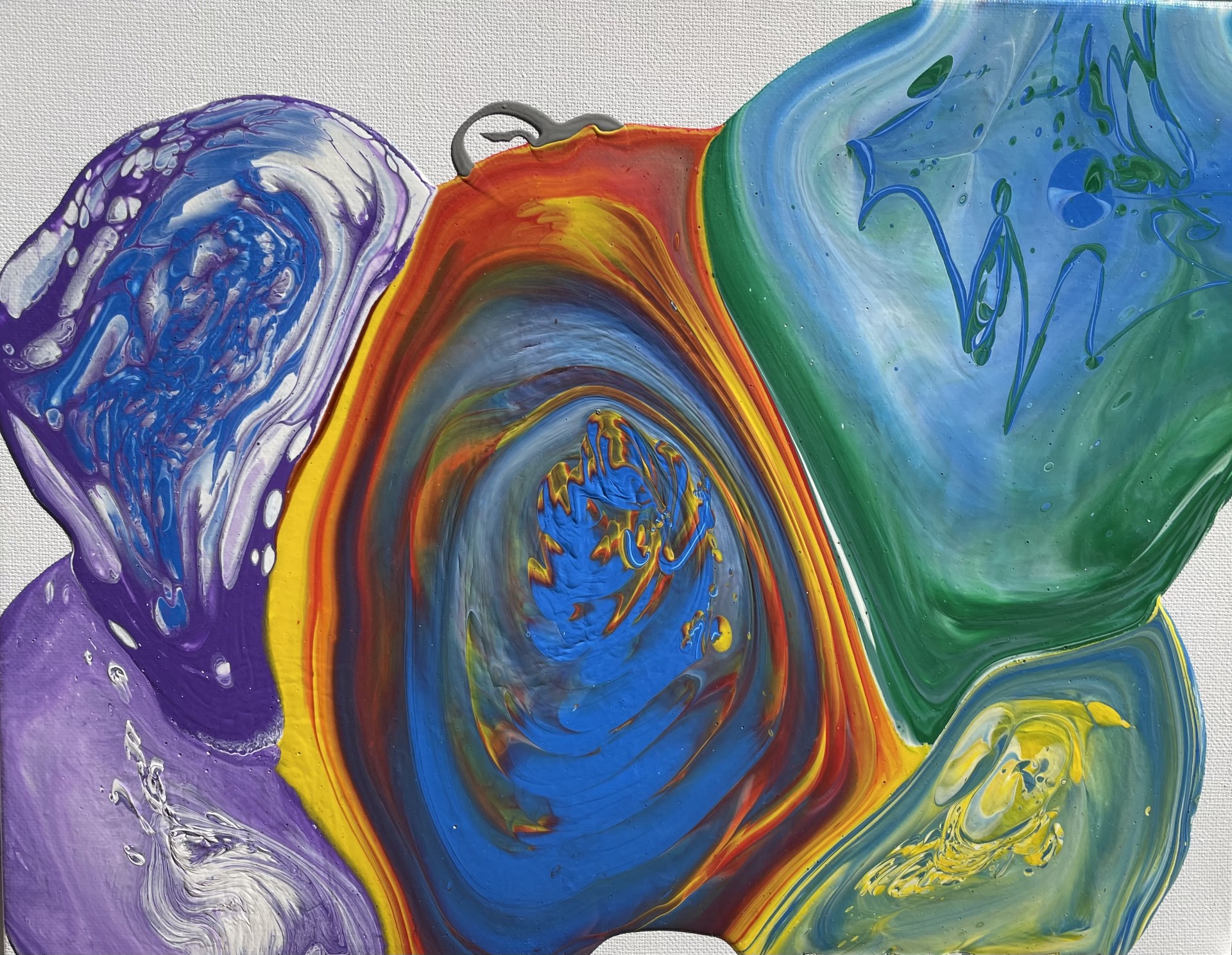Pour paint style painting of circles within and beside circles, colours including purple, blue, yellow, orange red and green.