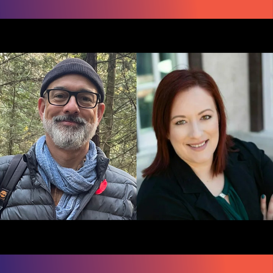 Man with grey beard, glasses and a hat enjoying nature. Woman wearing a black blazer with red hair smiling.
